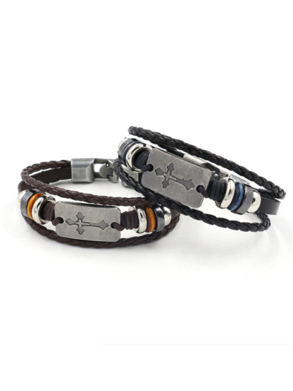 Cross Beaded Leather Bracelet