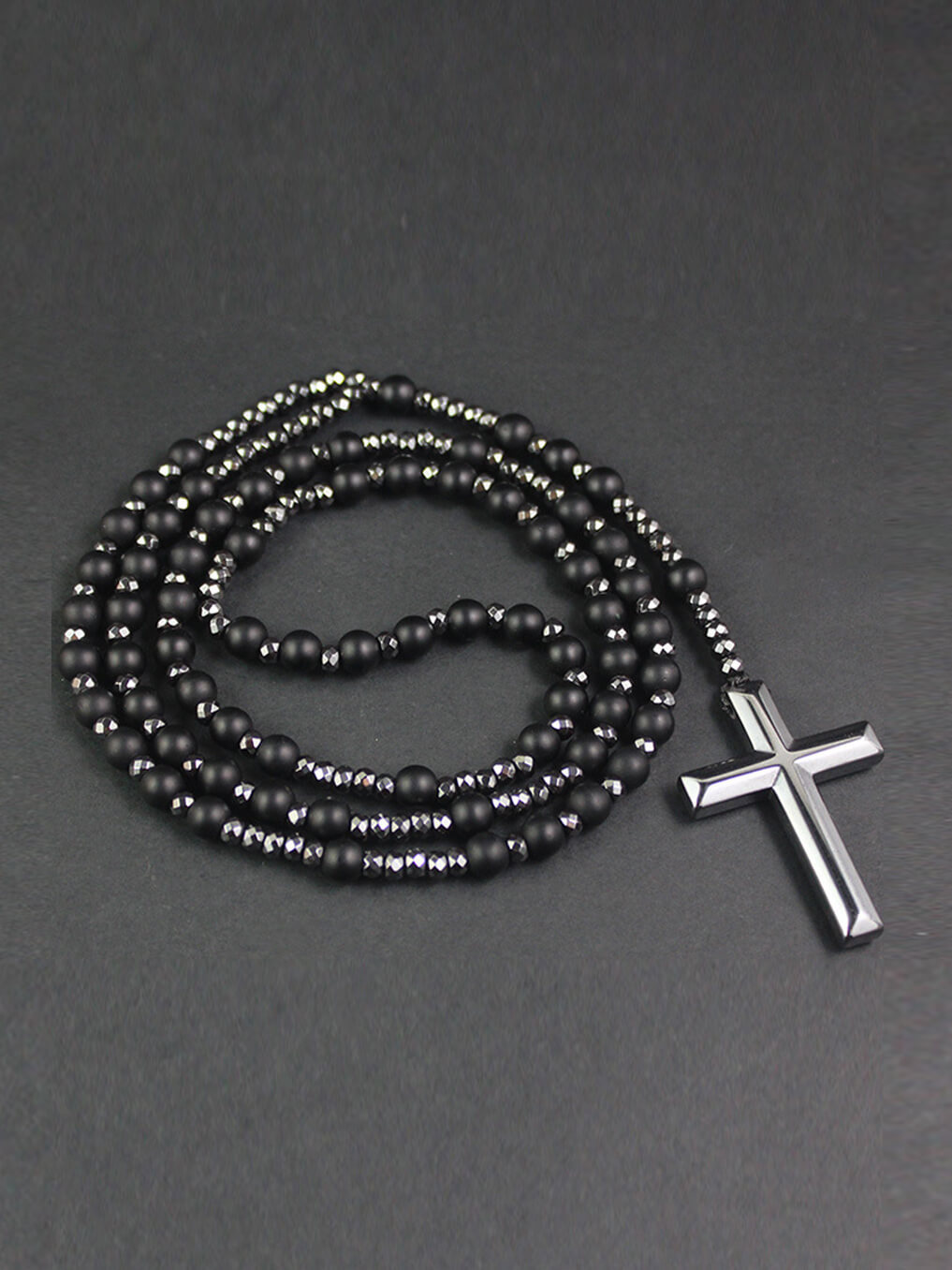 Vintage Natural Stone Men Necklace Cross Pendant Beaded Long Sweater Chain Jewelry Gift