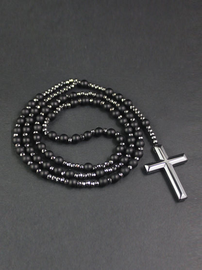 Vintage Natural Stone Men Necklace Cross Pendant Beaded Long Sweater Chain Jewelry Gift