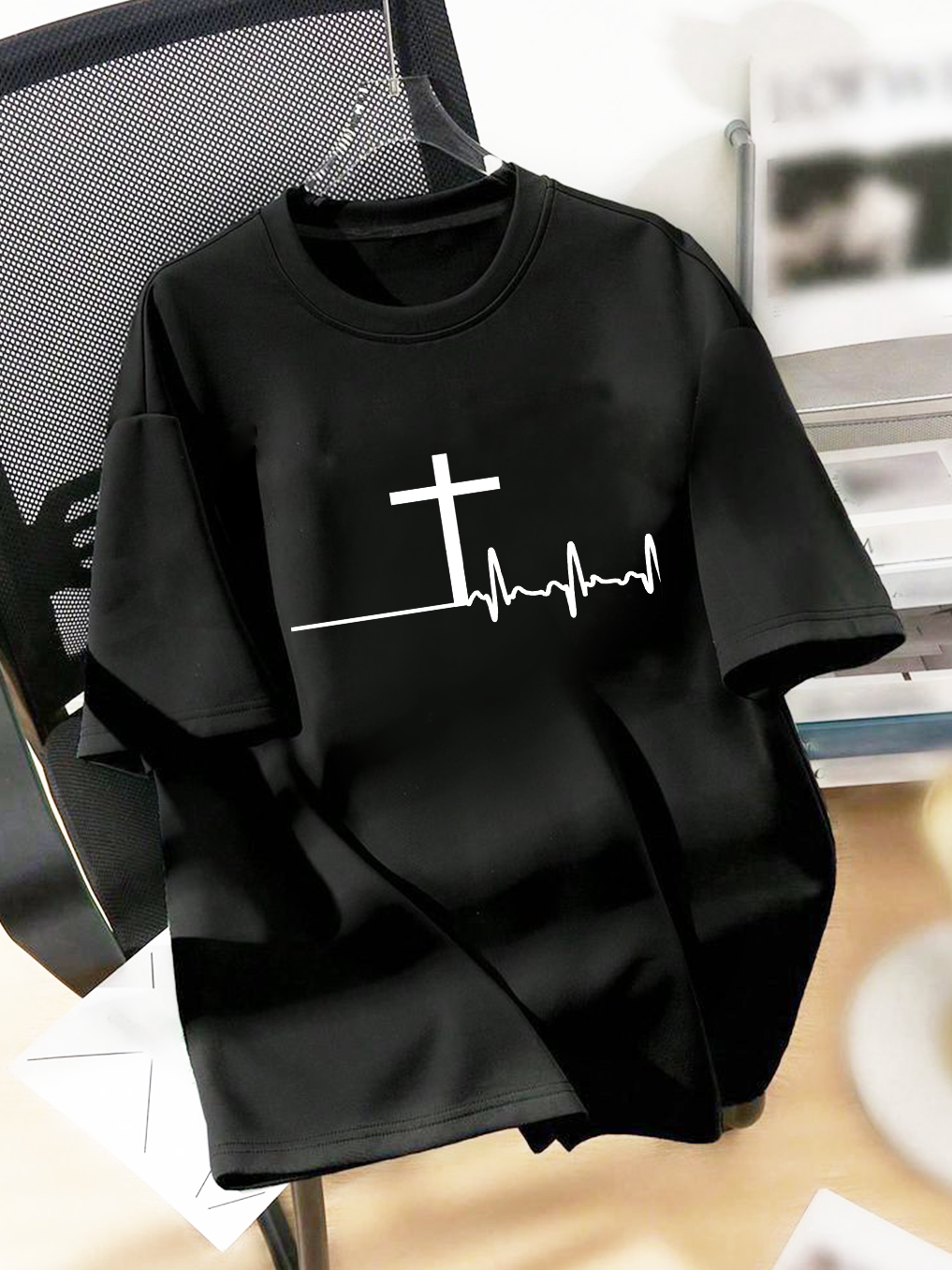 Trendy Heartbeat Polka Dot Cross Tee-Faith Design