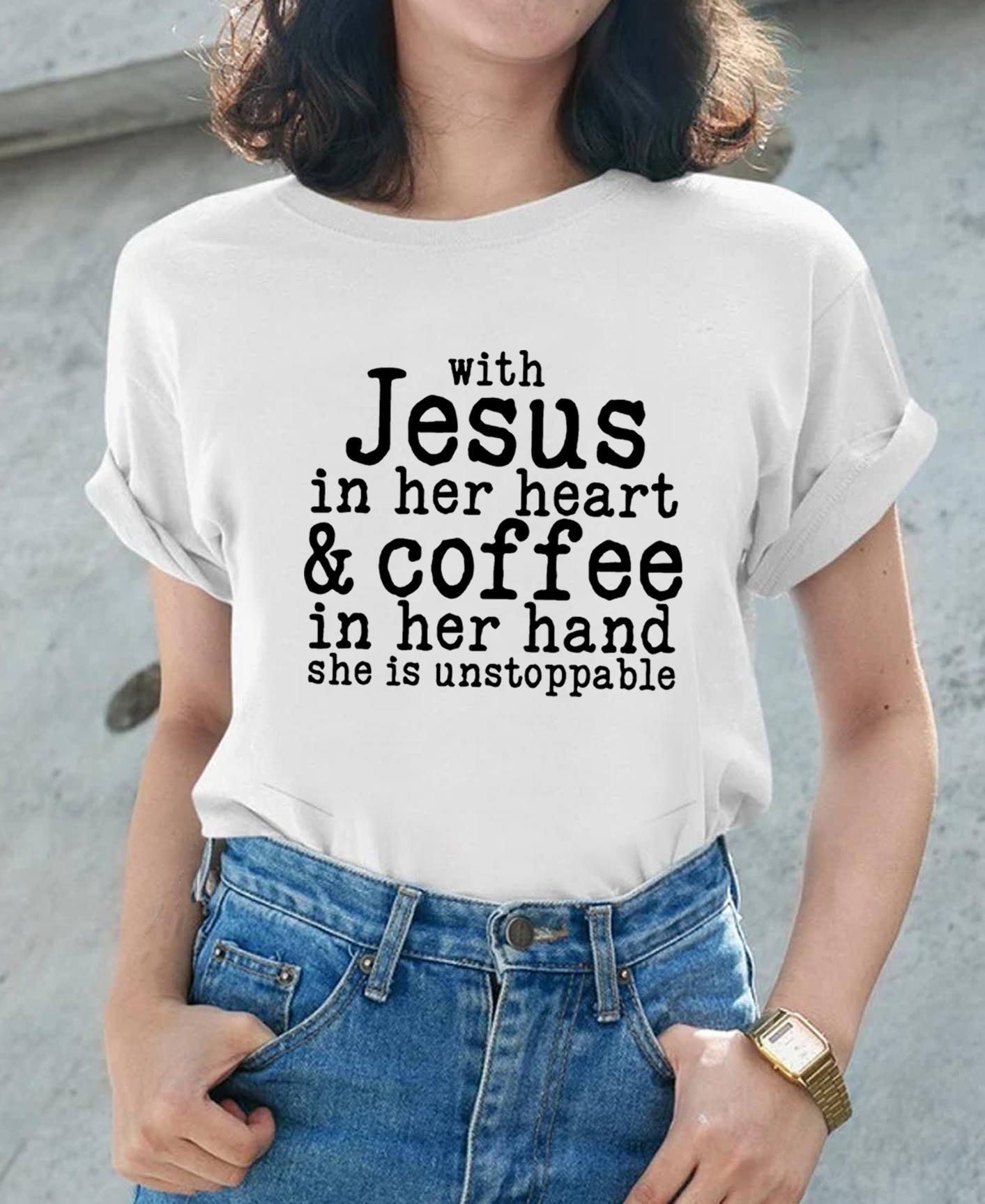 With Jesus in Her Heart and Coffee in Her Hand Women Tee