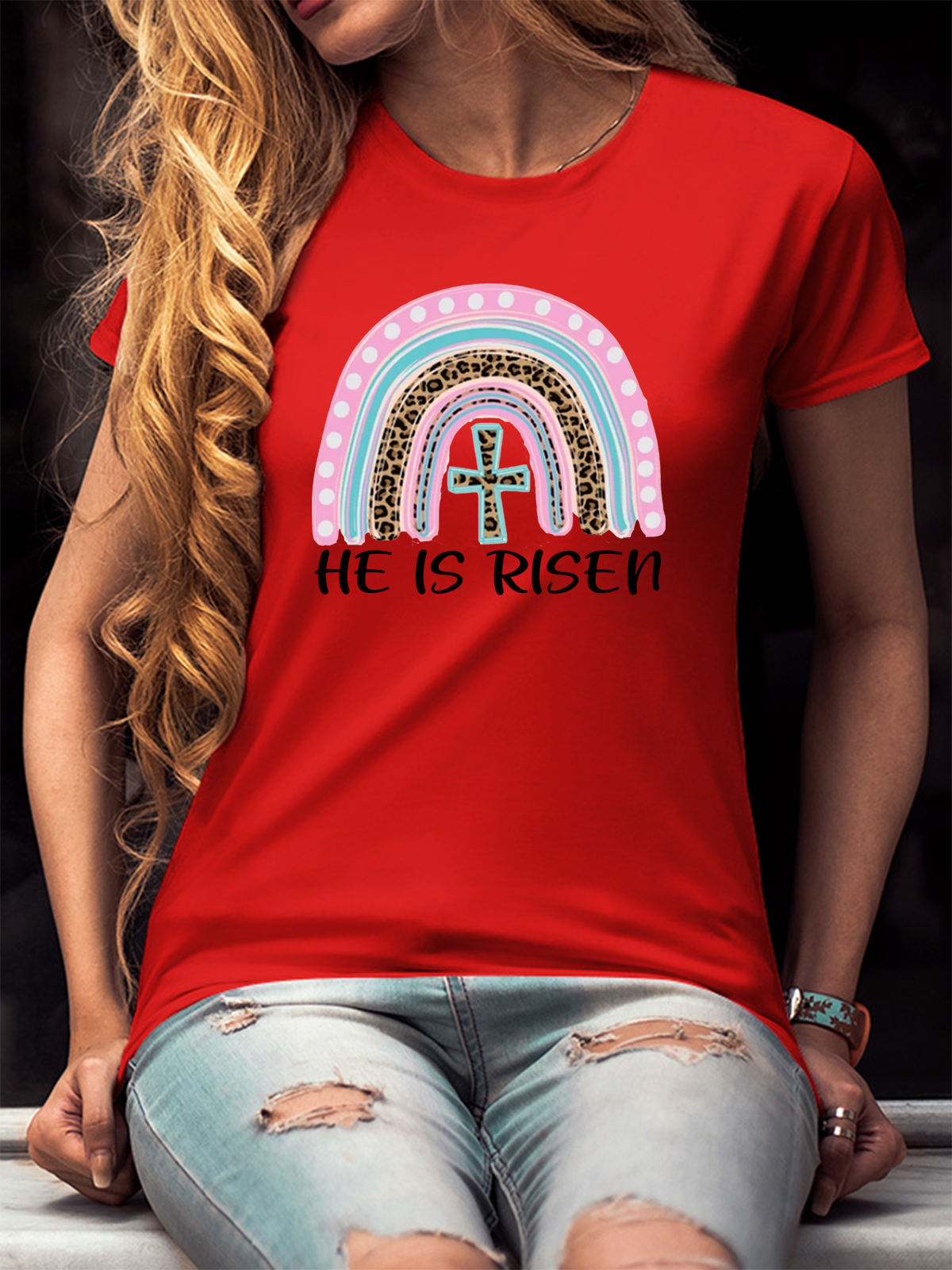 He Is Risen Rainbow And Cross Women Tee