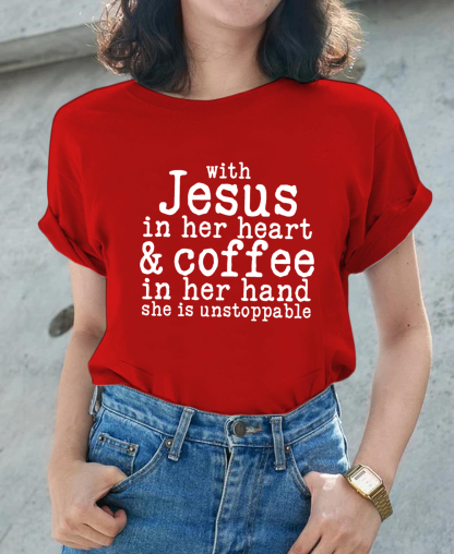 With Jesus in Her Heart and Coffee in Her Hand Women Tee