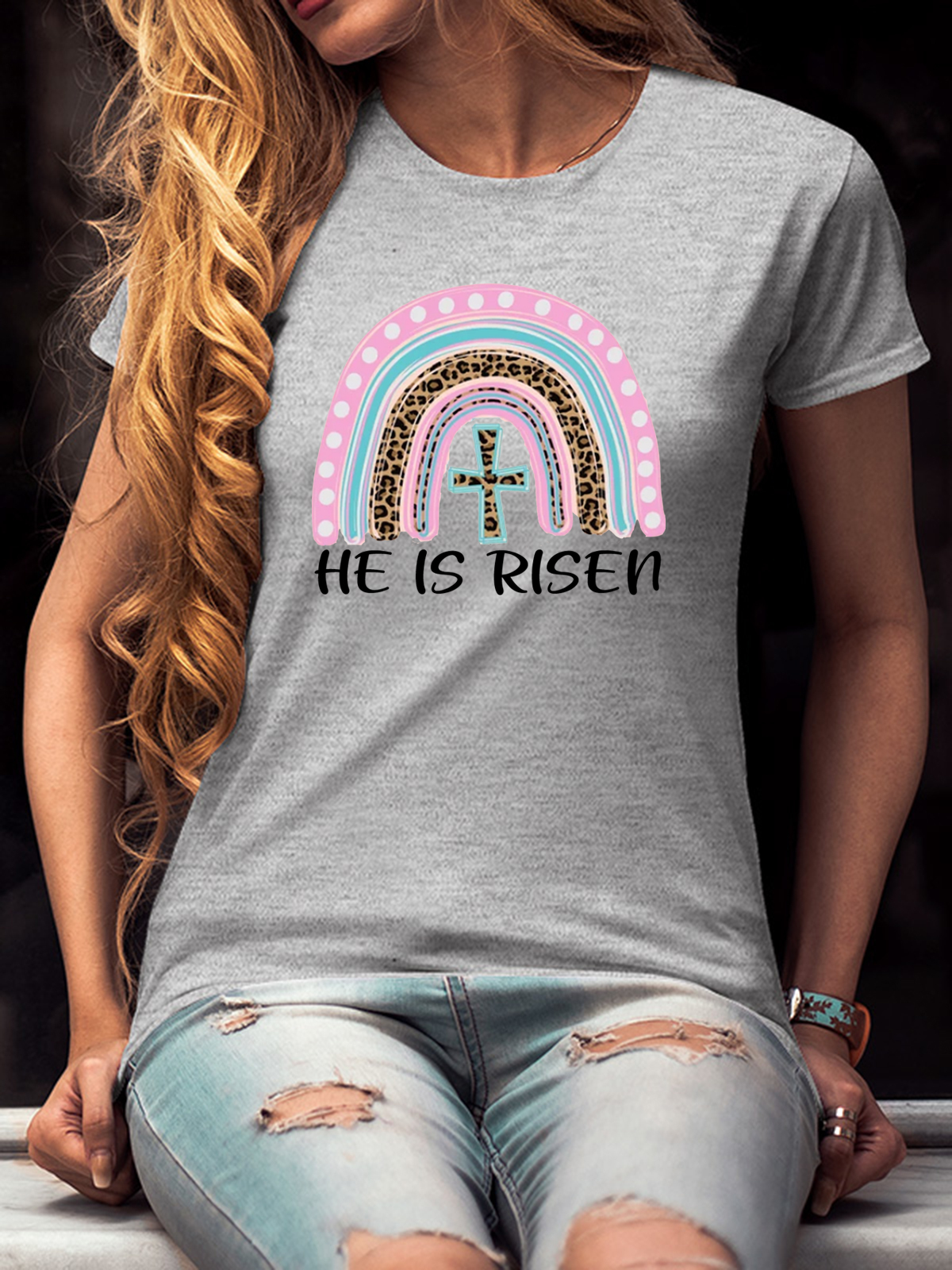 He Is Risen Rainbow And Cross Women Tee