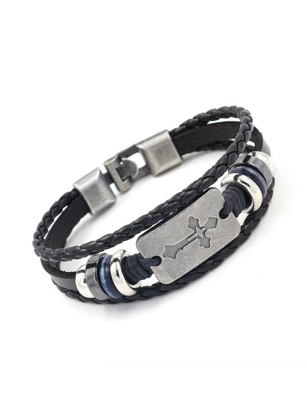 Cross Beaded Leather Bracelet