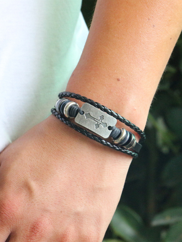 Cross Beaded Leather Bracelet