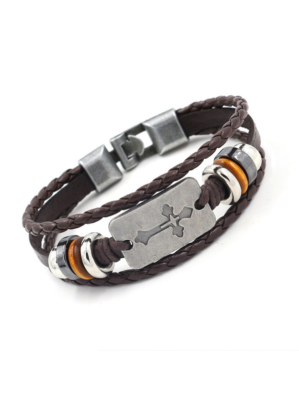 Cross Beaded Leather Bracelet