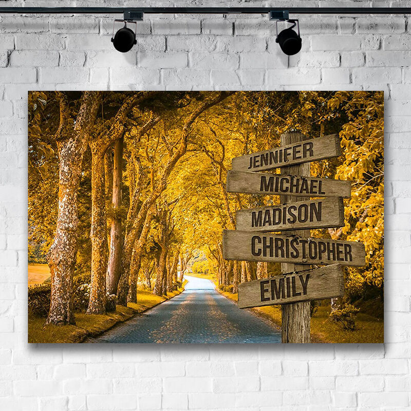 Personalized Name Canvas Wall Art with Autumn Road Romantic Gift for Family
