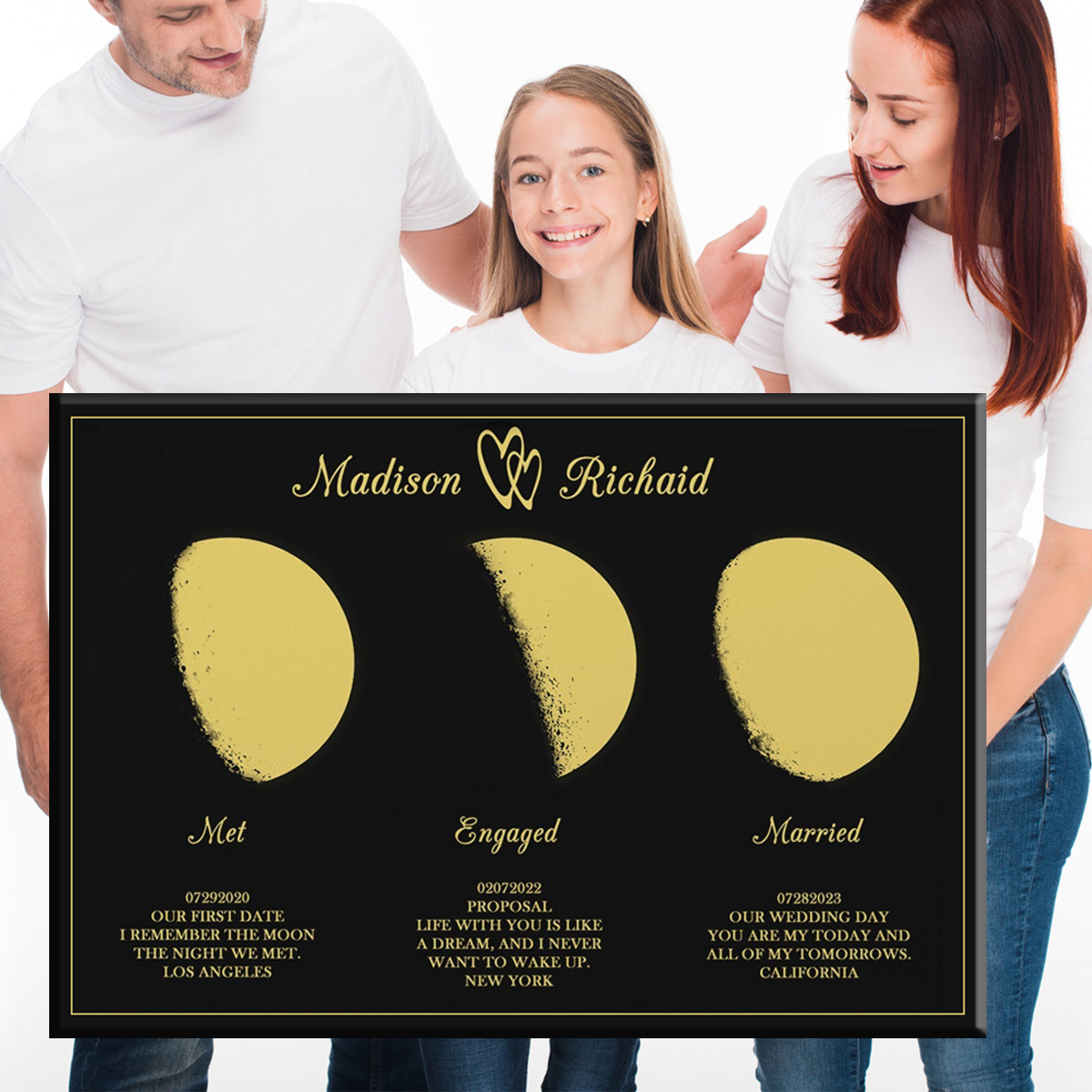 Custom Triple Moon Phase with Personalized Name and Text Frame