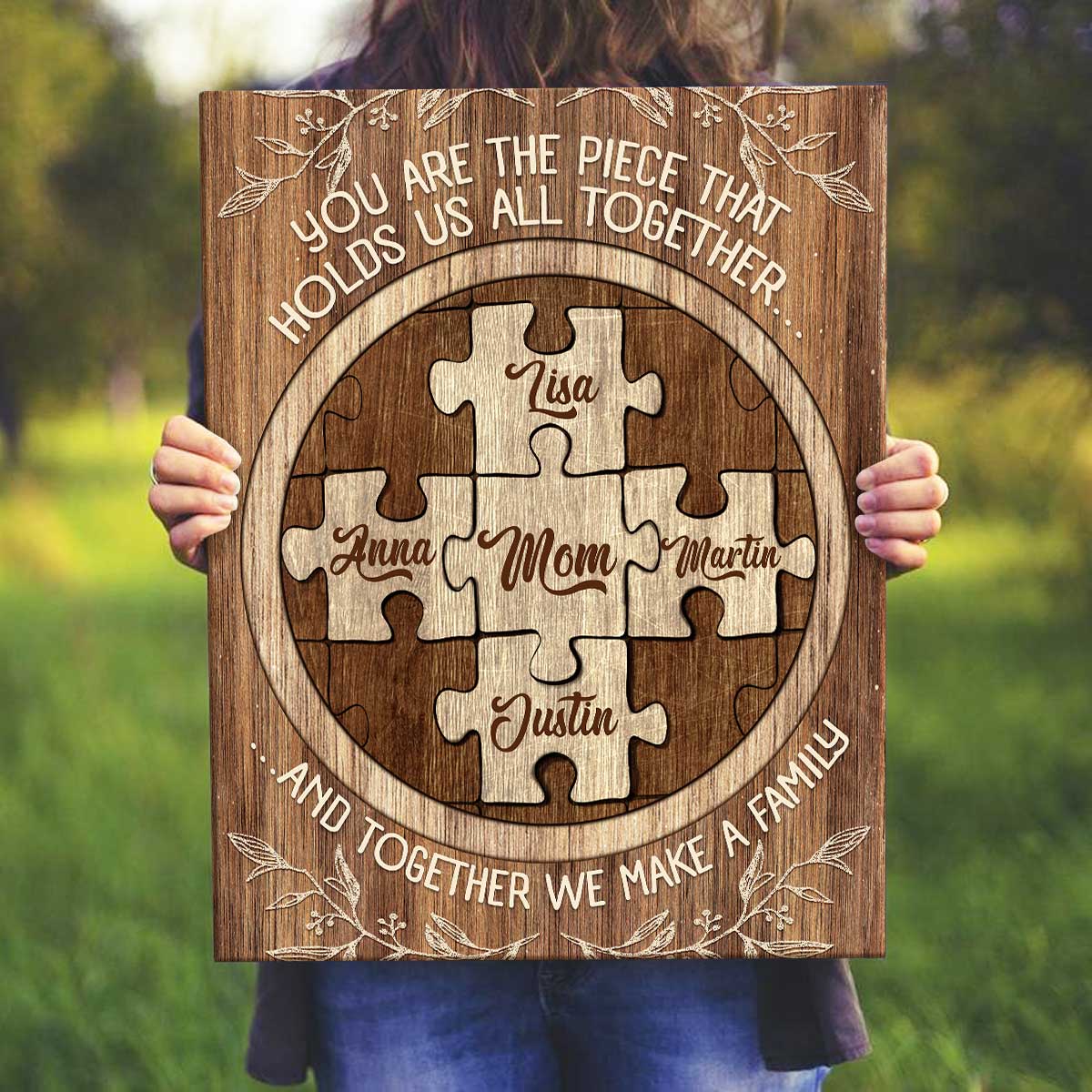 Personalized Mom Puzzle Sign With Kids Name Canvas, Mom You Are The Piece That Holds Us All Together