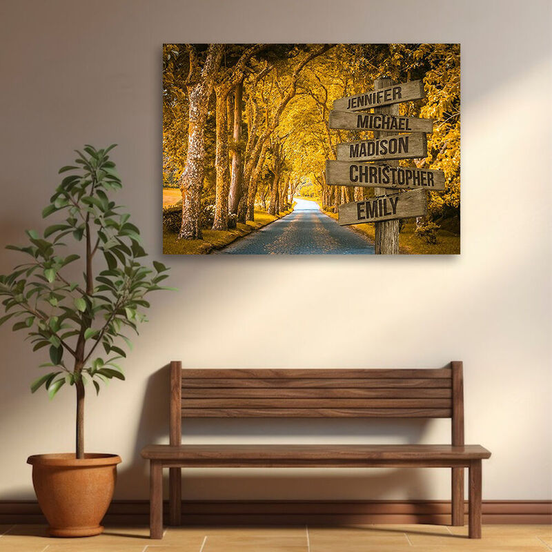 Personalized Name Canvas Wall Art with Autumn Road Romantic Gift for Family