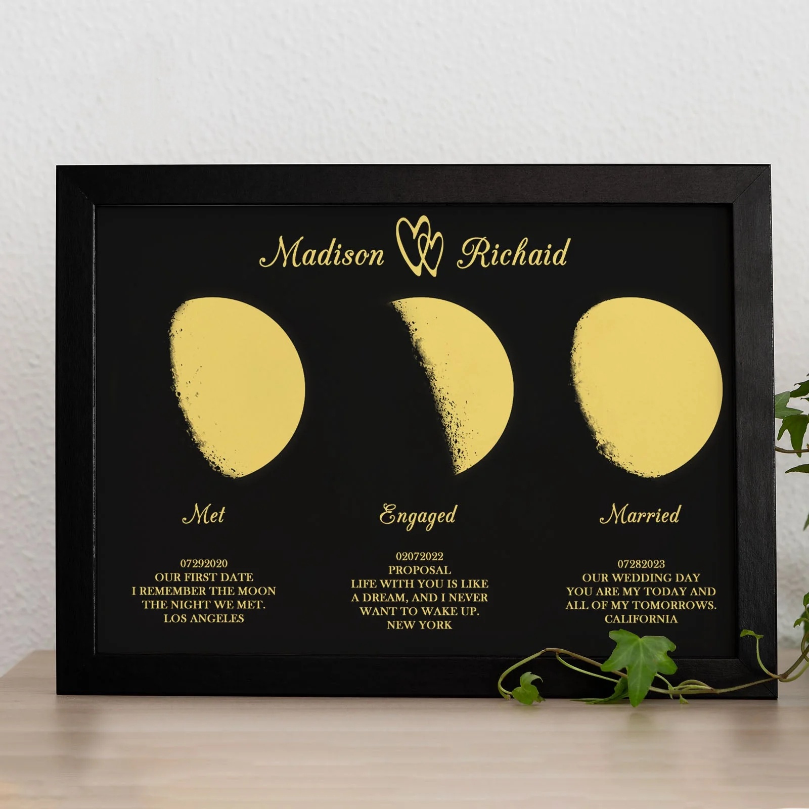 Custom Triple Moon Phase with Personalized Name and Text in Wooden Frame