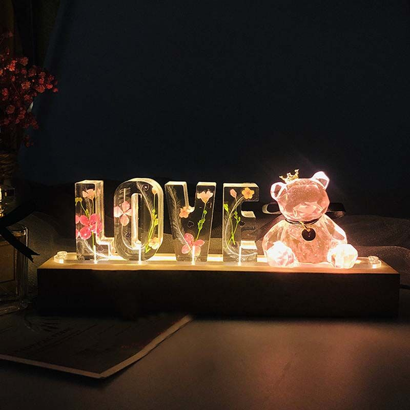 Custom Dried Flower Resin Name Letter Light Strip Pink Bear LED Light