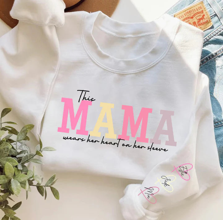 Personalized Wear Heart On Sleeve Mama Sweatshirt with Kid Names on Sleeves-Mother's Day Sale!Free Shipping!