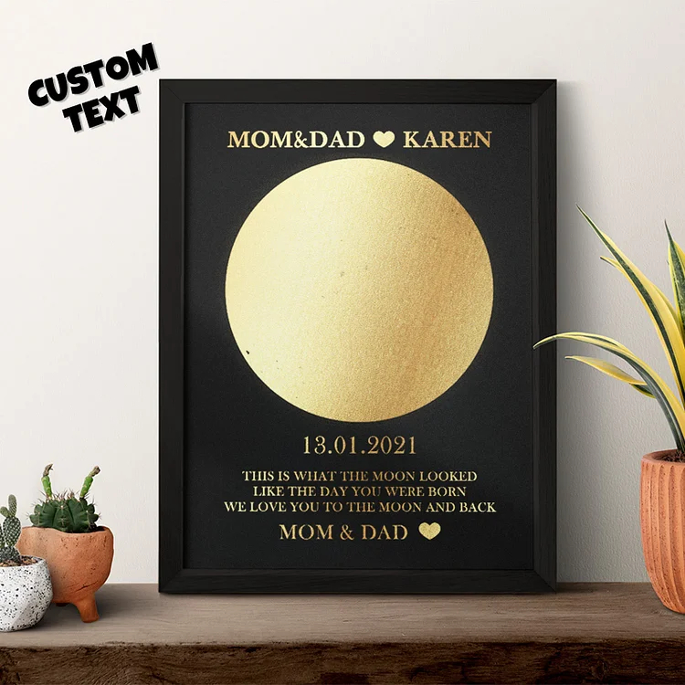 Custom Moon Phase Foil Print Wooden Frame, Personalized Name and Text, Family Gift