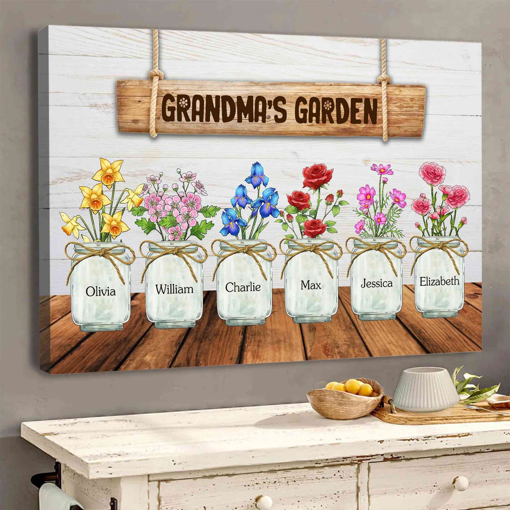 Personalized Grandma's Garden Custom Birth Month Flower Family Vase Canvas