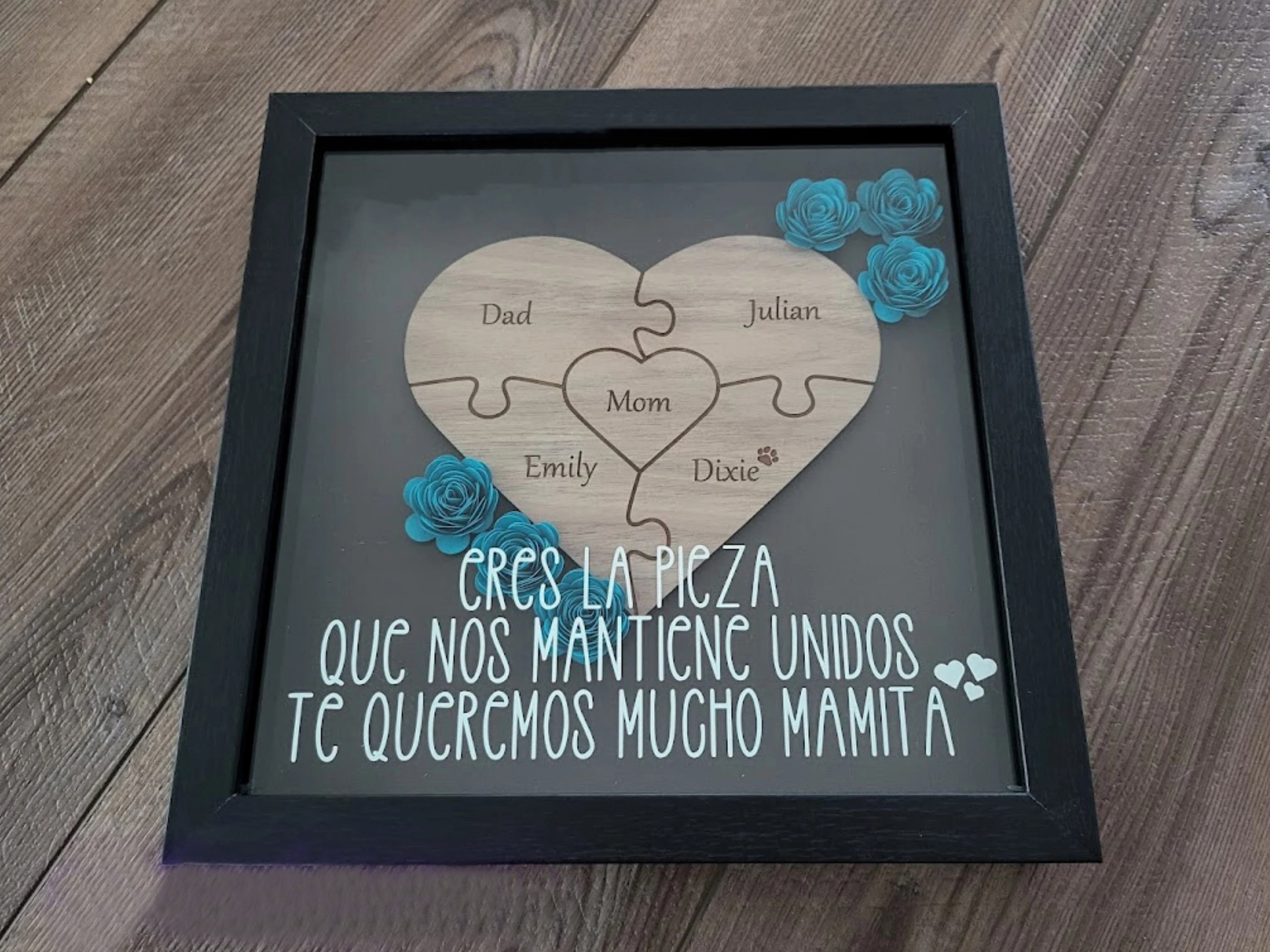Mother's Day Gift, Personalized Mom Flower Shadow Box, Puzzle Piece Mom Sign, Gift Wrapped