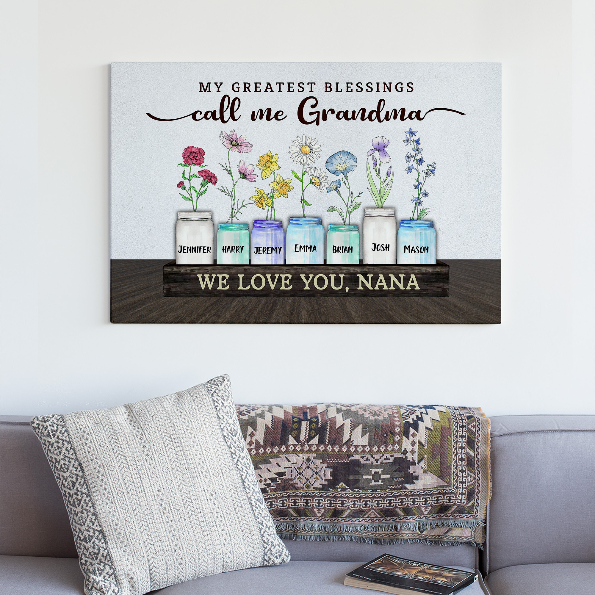 Personalized Birth Month Flower, Custom My Greatest Blessings Canvas, Family Birth Month Print, Gift For Nana