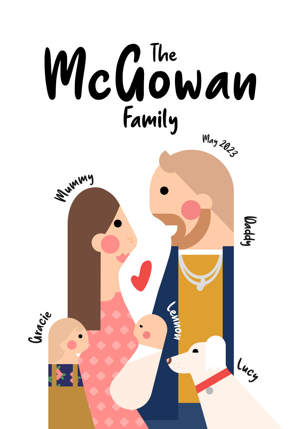 Custom Family Portrait With Pets Frame, Cartoon Wall Art, Illustration From Photo