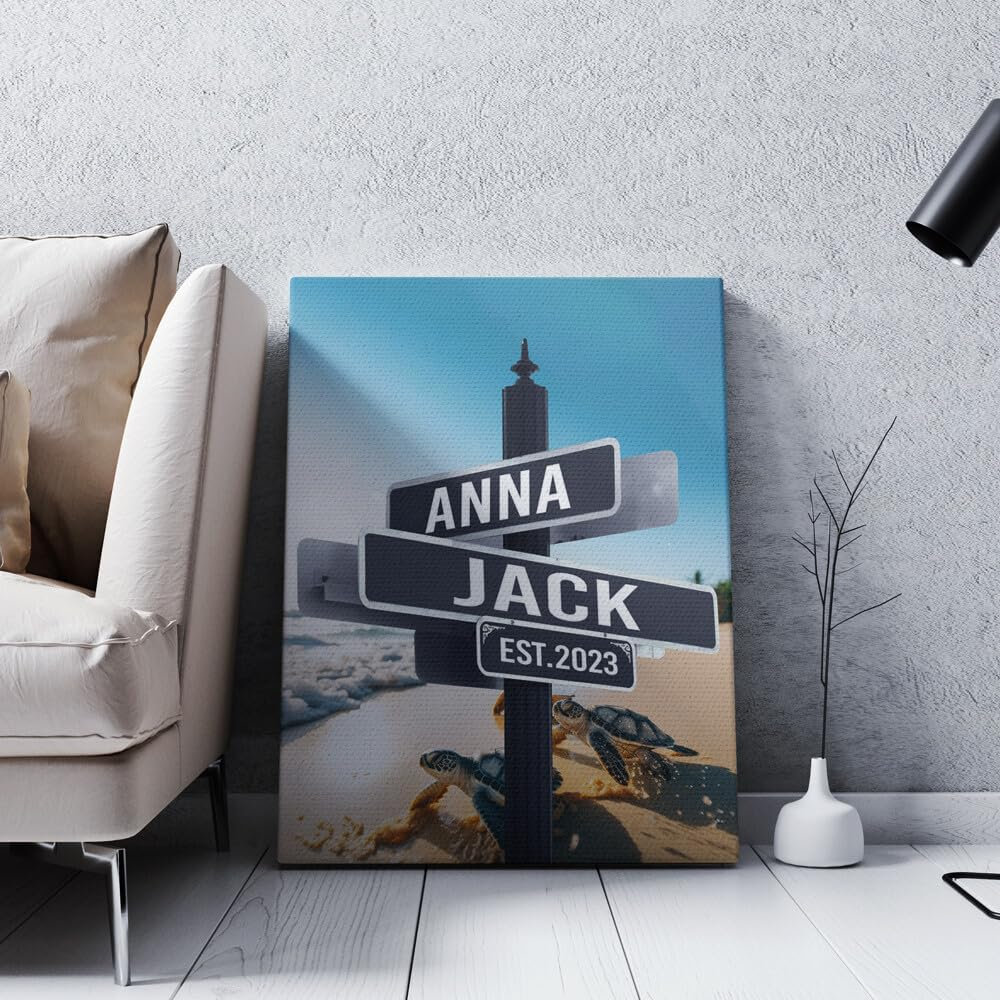 Personalized Name Vintage Street Sign Canvas Print, Turtle Sea Custom Name Canvas