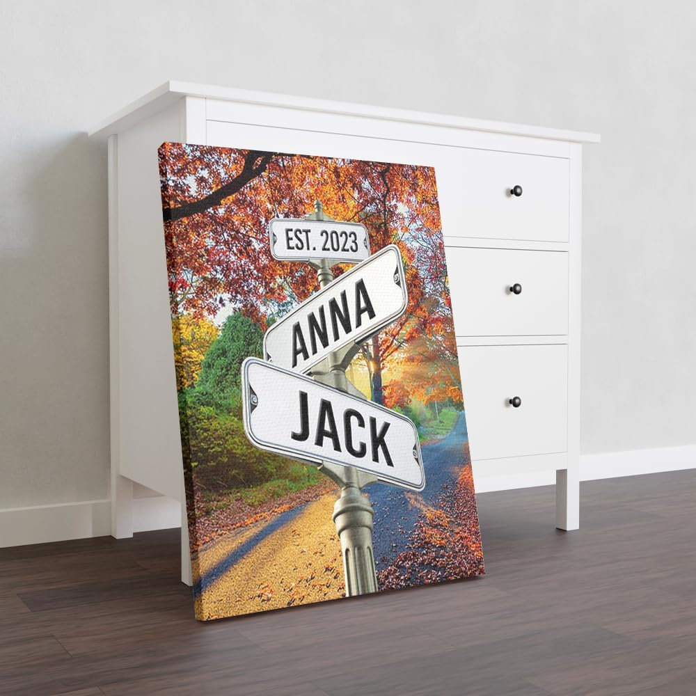 Personalized Name Vintage Street Sign Canvas Print, Autumn White Road, Gifts for Girlfriend Boyfriend