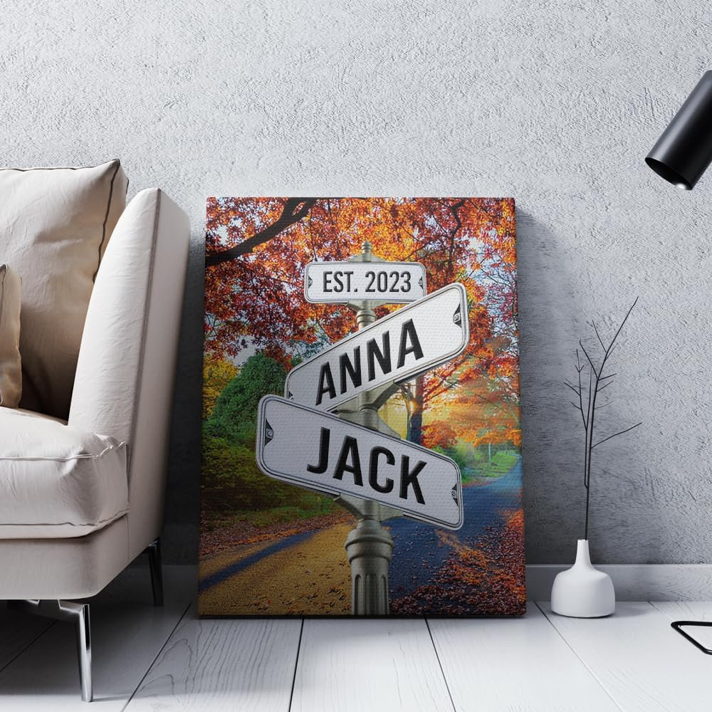 Personalized Name Vintage Street Sign Canvas Print, Autumn White Road, Gifts for Girlfriend Boyfriend