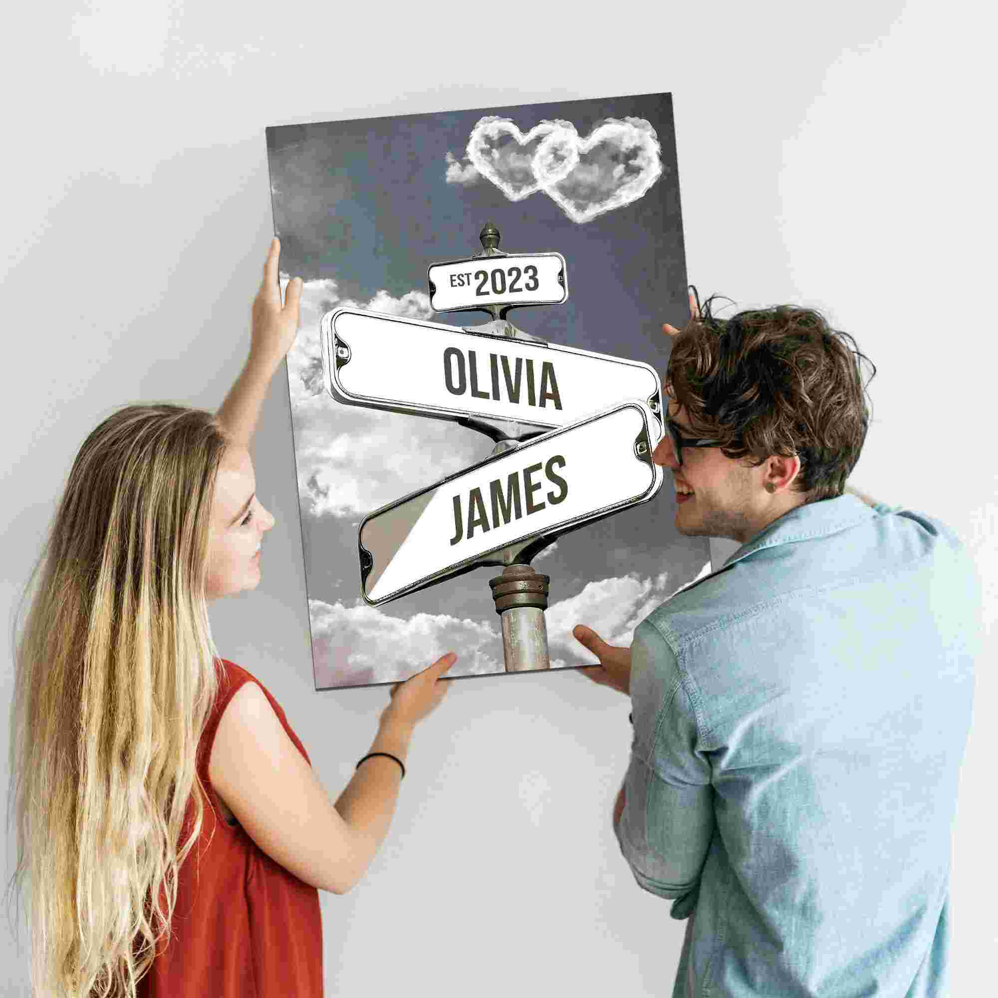 Personalized Name Vintage Crossroads Street Wall Art Sign Canvas, Ideal Gift For Couple