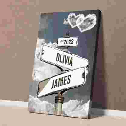 Personalized Name Vintage Crossroads Street Wall Art Sign Canvas, Ideal Gift For Couple