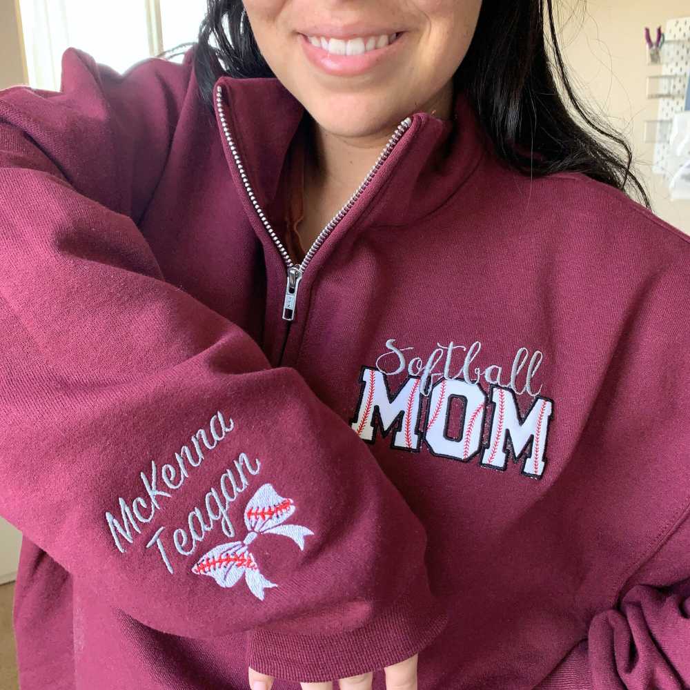 Custom Embroidery Softball Mom Zip Up Sweatshirt with Kid Name On Sleeve