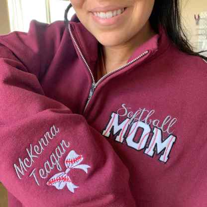 Custom Embroidery Softball Mom Zip Up Sweatshirt with Kid Name On Sleeve