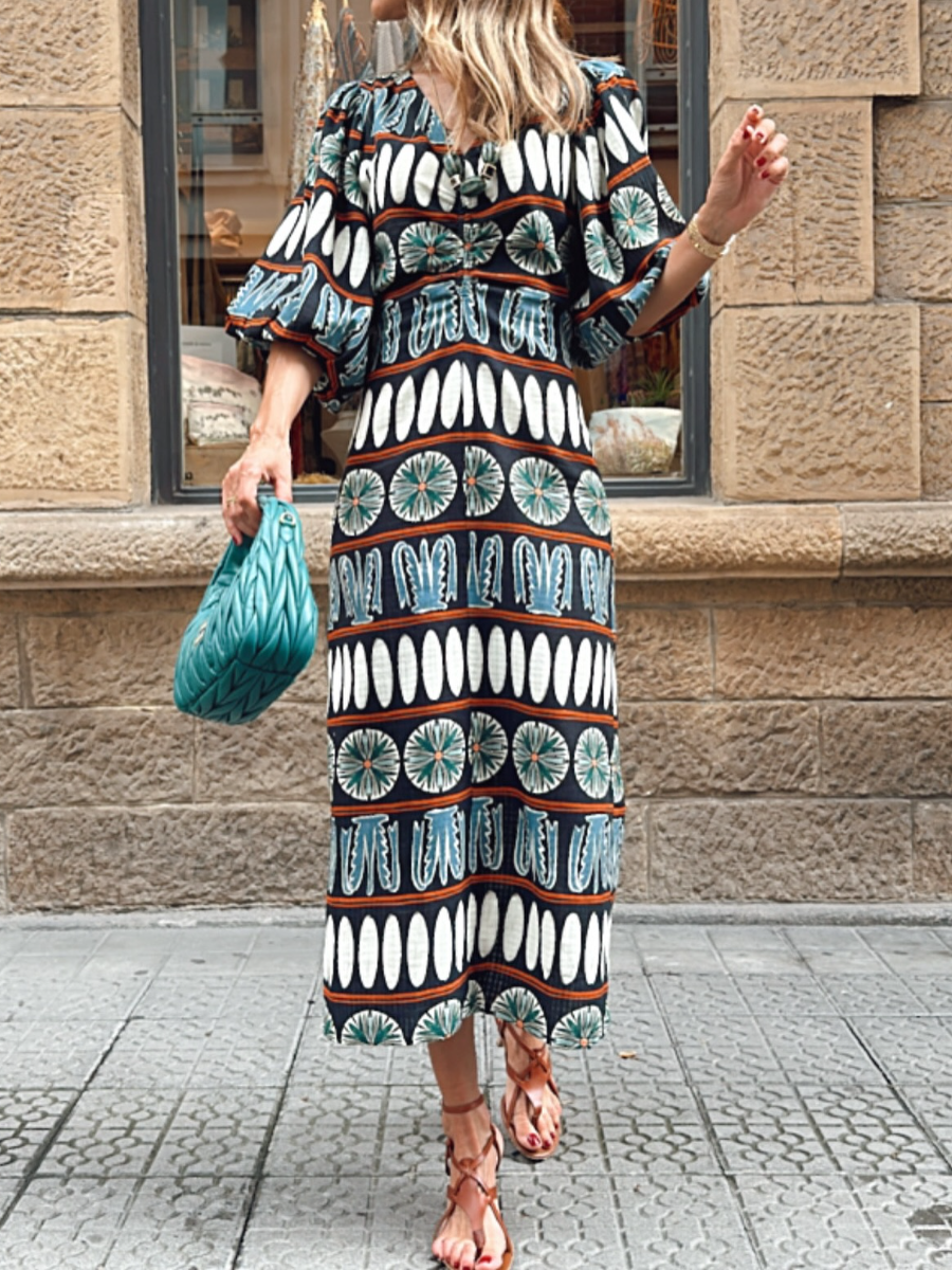 V-neck Elegant Printed Midi Dress-fancytire