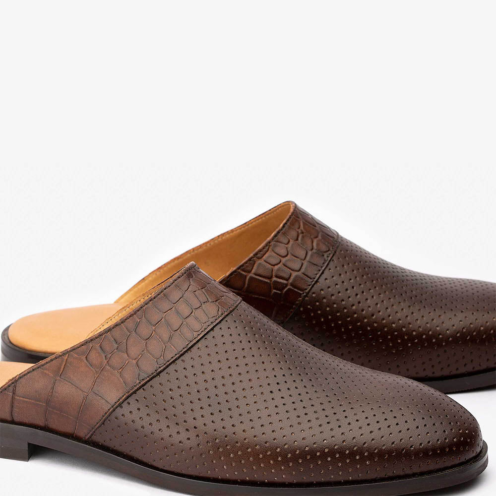 Brown Perforated Mule With Croco Detail