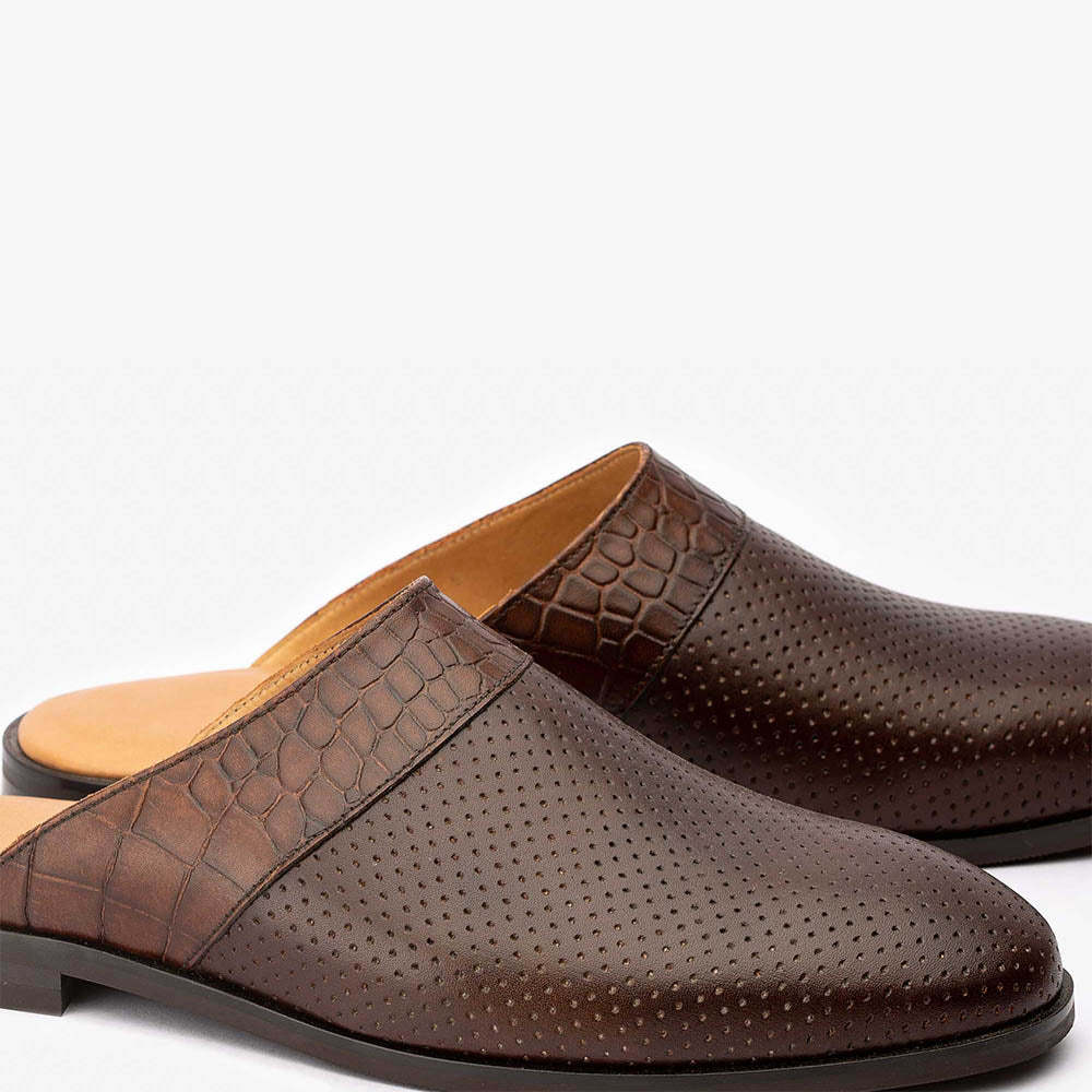 Brown Perforated Mule With Croco Detail