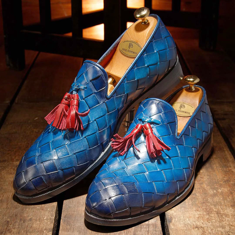 Men’s Big Braided Tassel Loafers Blue Woven Leather