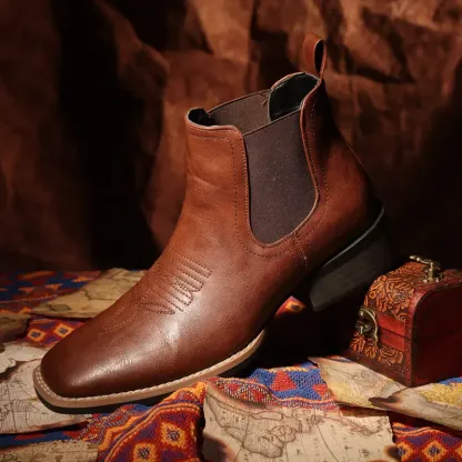 Mens Western Cowboy Boots - Mens Square Toe Chelsea Boots Mens Casual Vintage Fashion Ankle Boots Brown Classic Comfort Shoes