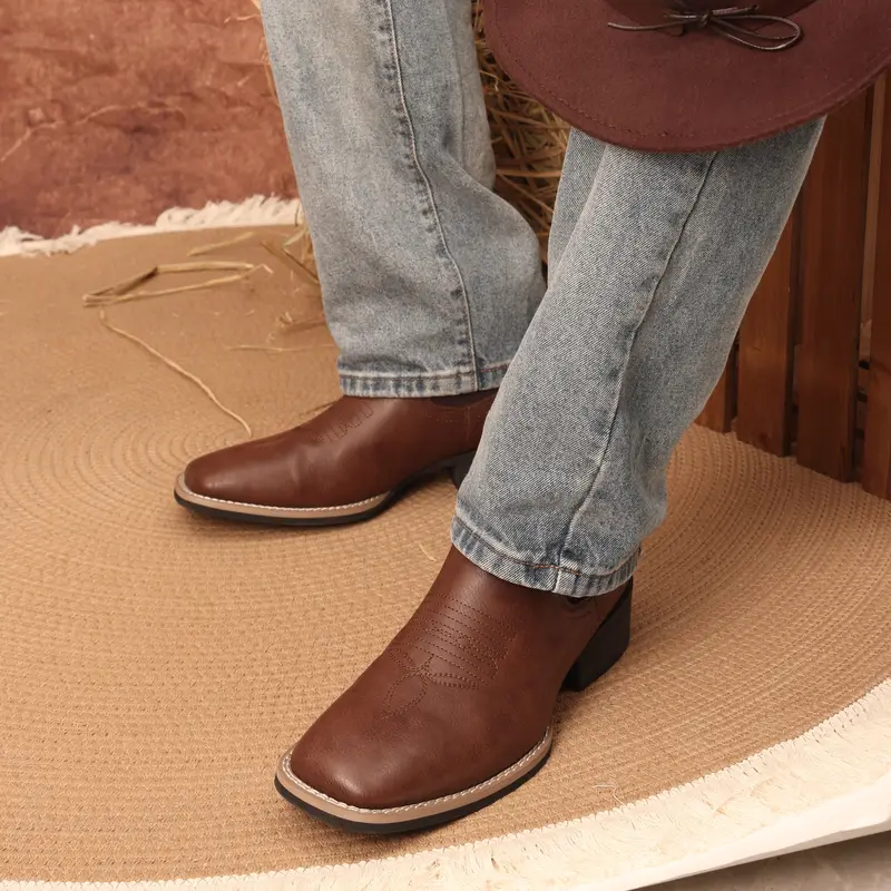 Mens Western Cowboy Boots - Mens Square Toe Chelsea Boots Mens Casual Vintage Fashion Ankle Boots Brown Classic Comfort Shoes