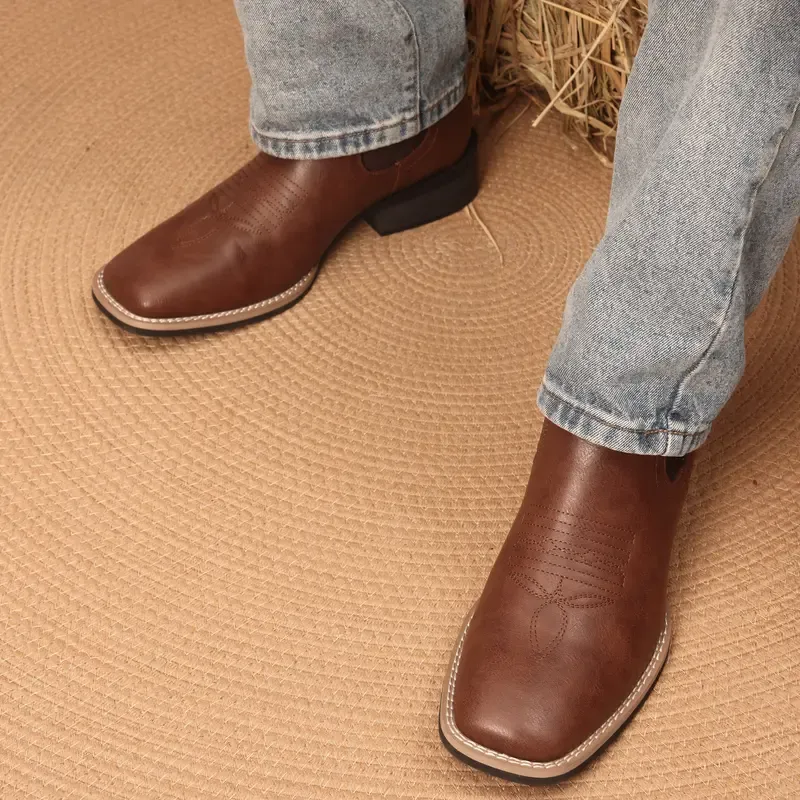Mens Western Cowboy Boots - Mens Square Toe Chelsea Boots Mens Casual Vintage Fashion Ankle Boots Brown Classic Comfort Shoes