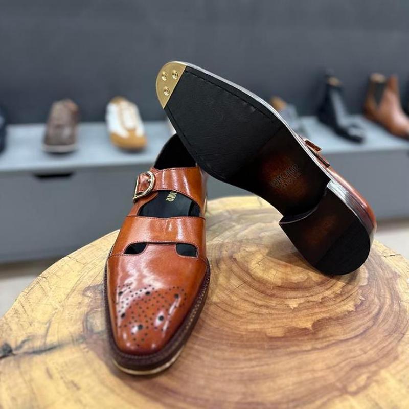 Tan Mirror Glossed Patina Medallion Sandals + Metal Toe