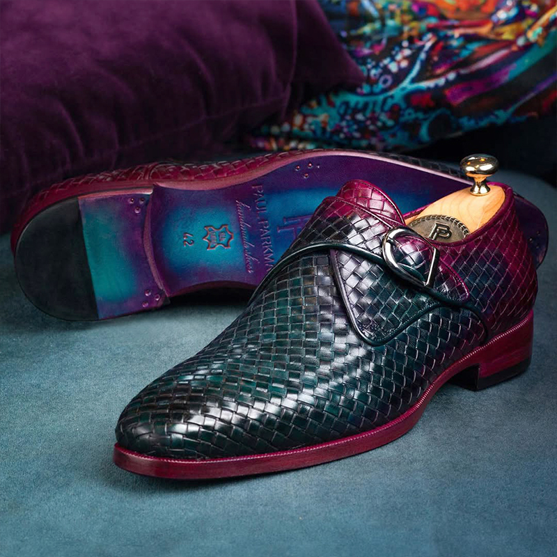 Purple & Green Woven Leather Single Monkstraps