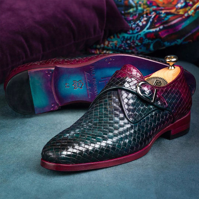 Purple & Green Woven Leather Single Monkstraps