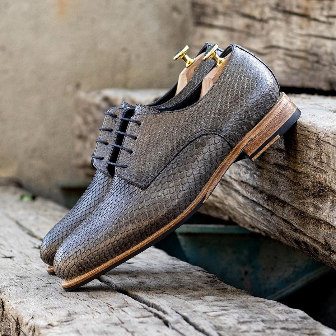 Beautiful, Unique, One-of-a-kind Captoe Oxfords Using Genuine Hand-painted Grey Python Skin, Original Goodyear Welt Construction.