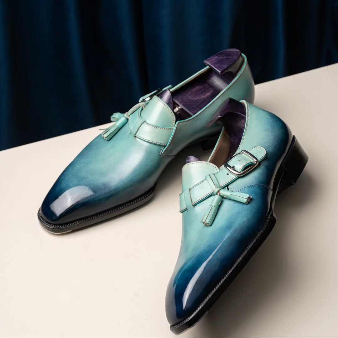 Inspired By The Sky Blue Glazed Jun Porcelain Fragments, ACME Has Created This Elegant And Warm Single Monk Piece. Hand-painted With Natural Dye, It Flows Over The Delicate, Selected Cowhide