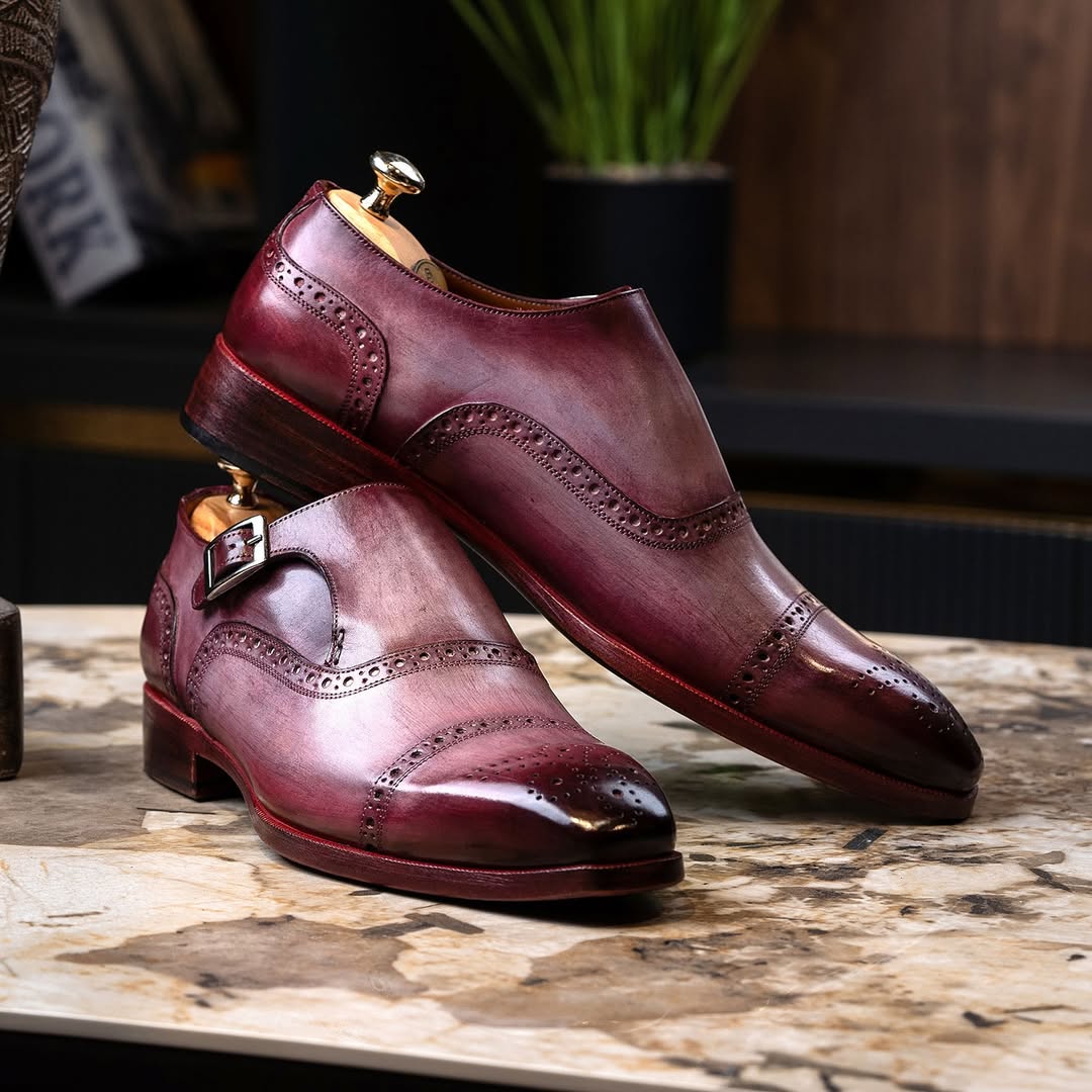 Men’s Cap Toe Monkstrap Shoes Burgundy