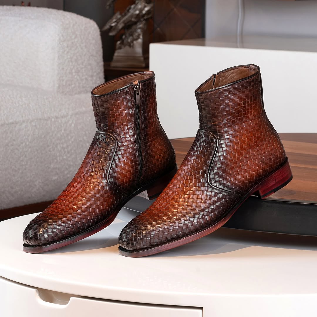 Burnished Woven Leather Zipper Boots