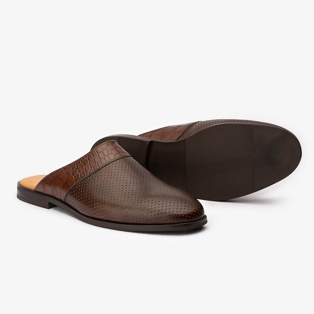 Brown Perforated Mule With Croco Detail