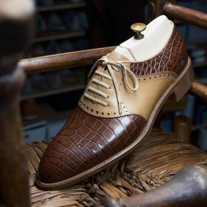 Natural Color Calfskin And Brown Alligator Saddle Shoes