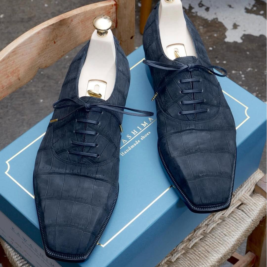 Chisel-toe Shape Plain Toe Oxford In Black Color Nubuck Crocodile Leather