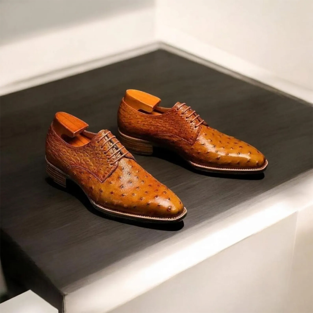 Handmade Tan Ostrich Leather Oxford Dress Shoes
