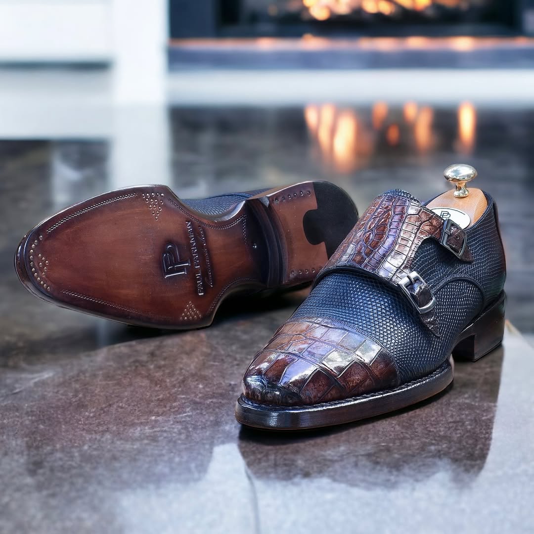 Custom-Made Brown Crocodile Skin & Navy Lizard Skin Double Monkstrap Shoes