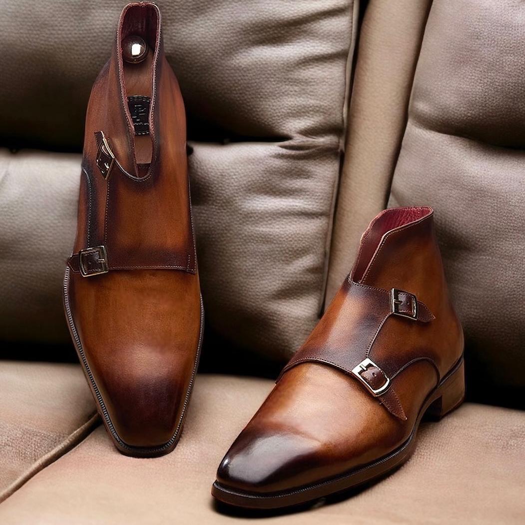 Men’s Double Monkstrap Ankle Boots Brown Burnished Leather